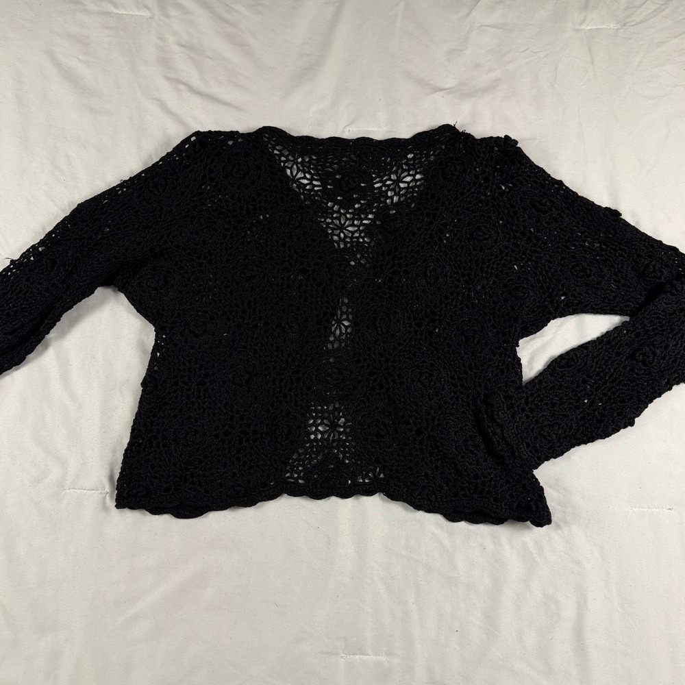 Vintage Y2K Hand Knitted Black Crochet Cardigan Open Knit OS Witchy Whimsigoth - Picture 6 of 6
